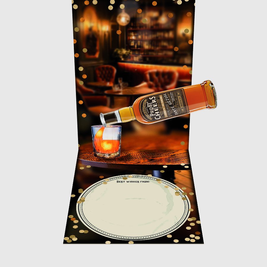 Whiskykarte mit Flasche und Glas